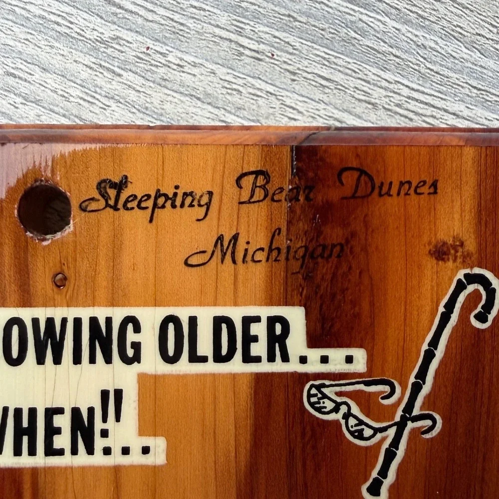 Vintage Sleeping Bear Dunes Michigan Cedar Wood Plaque Funny Growing Older Sign